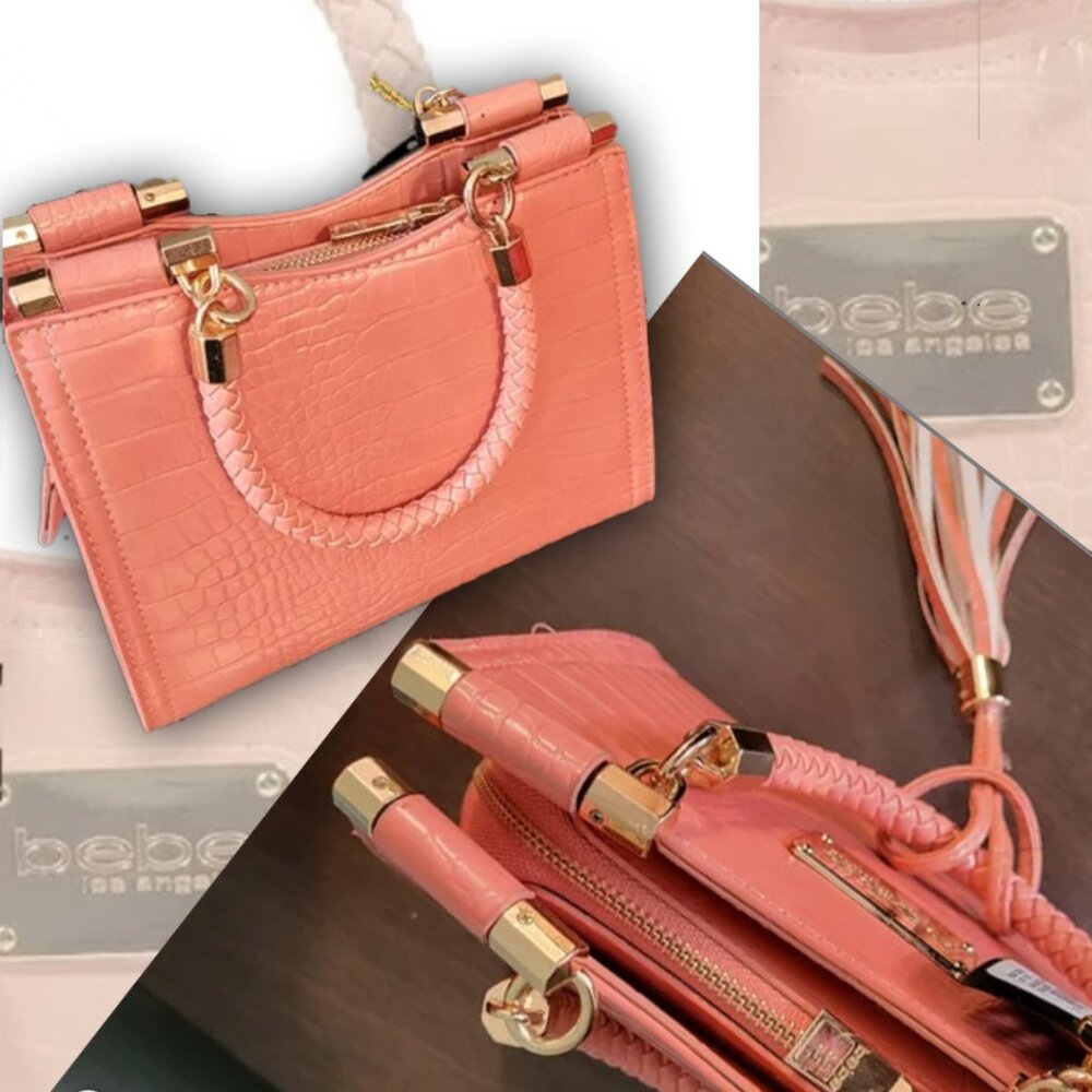 BEBE BAG Natalie Micro CROCO Shopper top handle & Crossbody SALMON with GOLD 🆕